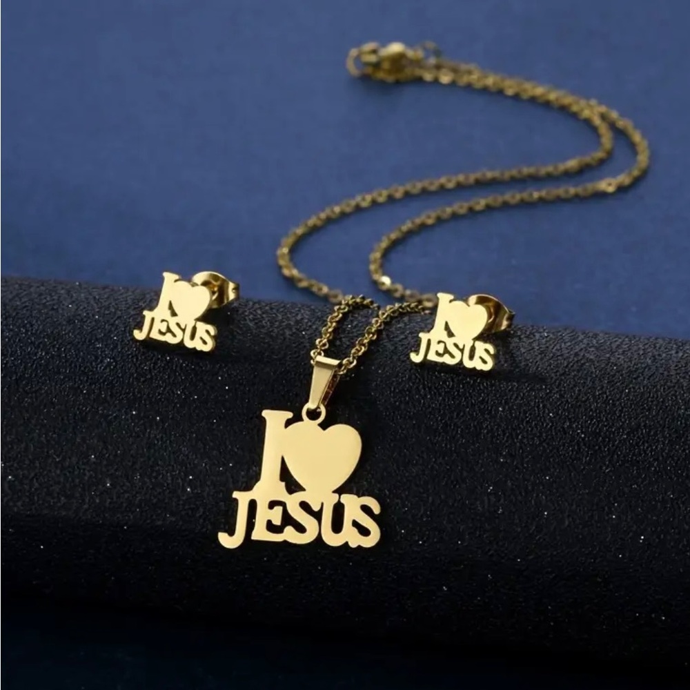 Gold 'I Love Jesus' Necklace and Earring Set